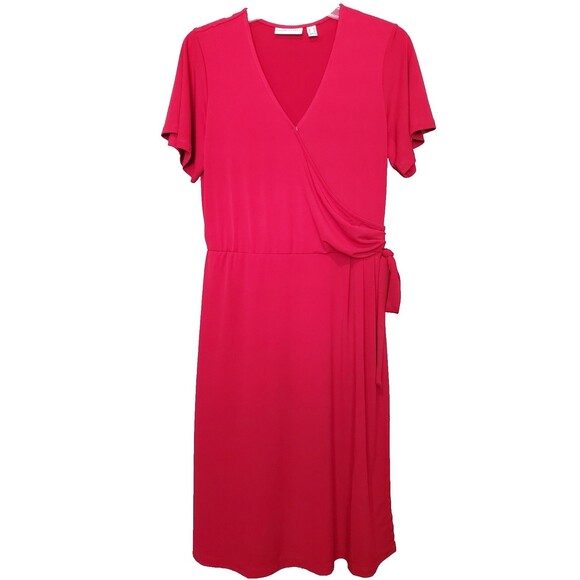 Susan Graver LiquidKnit Red Faux Wrap Midi Dress Size Small A646282 - Picture 1 of 8